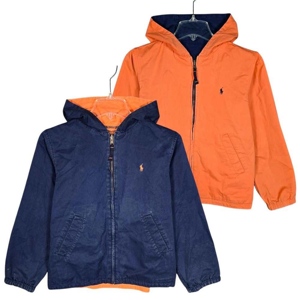 VTG‎ Polo Ralph Lauren Jacket Boys Small Reversible Full Zip Hooded Blue Orange